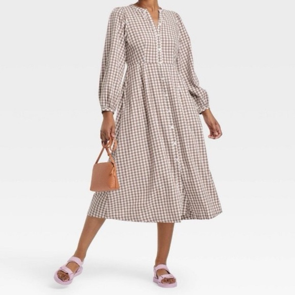 Universal Thread Brown and White Checkered Long Sleeve Dress